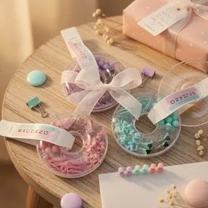 Macaron Color Office Stationery Supplies Transparent Round Box Binder Clips Paper Clips And Push Pins For Students School Business Supplies
