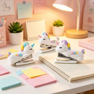 Cute cartoon unicorn No. 10 stapler detail view on pastel desk setup with stationery.