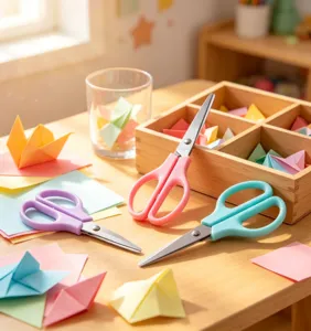 Tijeras minimalistas de colores pastel con mango ergonómico para oficina y manualidades.