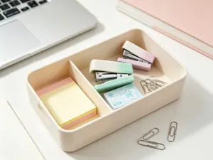 Detailaufnahme eines süßen Mini-Tacker-Sets in Aufbewahrungsbox mit Notizen und Büroklammern.