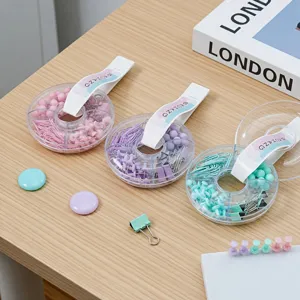 Macaron color office stationery set transparent storage box paperclip binder clip detail view