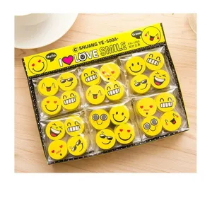 Joli set de gommes rondes emoji visage souriant, idéal pour les enfants et cadeaux scolaires.