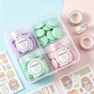 Macaron round magnetic pins detail view, colorful fridge magnets for office whiteboard and memo notes.