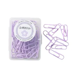 Pastellviolette Büroklammern Set mit transparenter Aufbewahrungsbox für Büro und Schule.