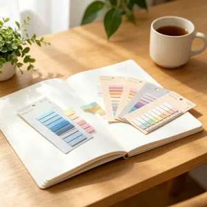 Colorful sticky index notes for study and office, planner decoration labels with ruler.