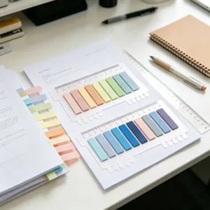 Detailed shot of colorful sticky index notes with transparent ruler backing on a white desk.