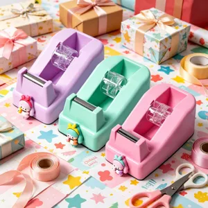 Cute cartoon doll desktop tape dispenser macaron color student stationery detail view.