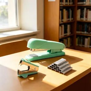 Mintgrünes Heftgerät-Set mit Entklammerer und Metallklammern für Büro und Homeoffice.