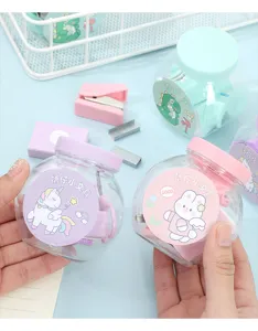 Cute mini bucket stationery set with portable stapler and clips, perfect for students.