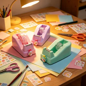 Cute Cartoon Girl Tape Dispenser Kawaii Desktop Tape Cutter Macaron Color Stationery Holder With Doll Decor For Student