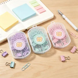 Set di fermagli e graffette colorati con scatola di immagazzinaggio per ufficio e scuola.
