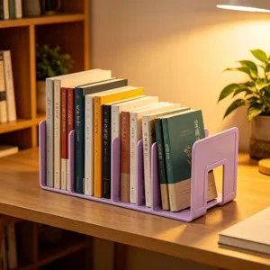 Detailansicht eines lila Schreibtisch-Buchends mit mehreren Fächern für Schulbücher.