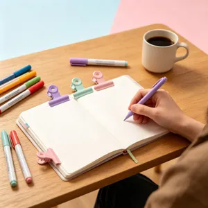Vista dettagliata di clip colorate Macaron che fissano un taccuino su una scrivania.