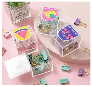 Set di fermagli per carta metallici colorati con scatola di immagazzinaggio trasparente.