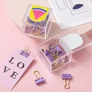 Clip per carta colorate in metallo con manici dorati in scatola trasparente per ufficio