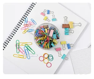 Bunte Büroklammern Foldback-Klammern und Gummibänder Set in transparenter Box für Büroorganisation