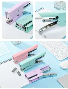 Macaron color handheld stapler detail view showing multiple pastel colors and sturdy metal structure.