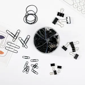 Multifunktionale schwarze Büroklammern, Binder Clips und Gummibänder Set in Box.