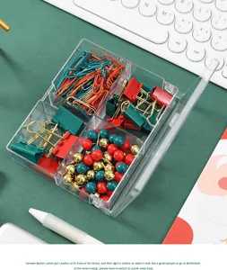 Weihnachten Schreibwaren Set mit Büroklammern und Stecknadeln in rot grün gold Box.