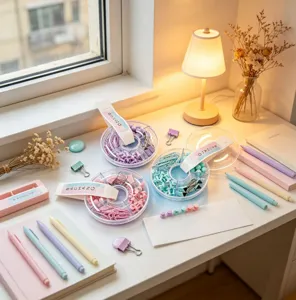 Macaron color stationery detail shot featuring transparent storage box with pastel clips.