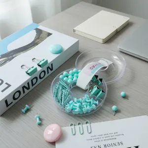 Macaron stationery set with clear storage box, paper clips, binder clips and push pins for office.