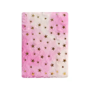 Flauschiger Plüsch-Notizbuchumschlag mit Farbverlauf in Rosa und Weiß und goldenen Sternen.
