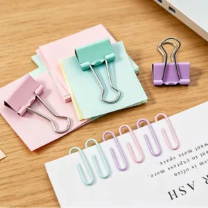 Pastel binder clips and paper clips set for office and school stationery organization.