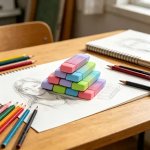 Kleurrijke verloop gummetjes gestapeld op schetspapier voor kunst school briefpapier.