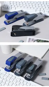 Detailed view of standard desktop staplers with ergonomic heavy-duty design and metal finish.