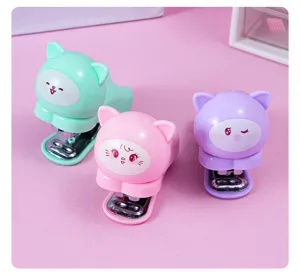 Macaron color mini cat stapler set detail, cute portable student stationery office supply.