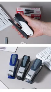 Desktop office stapler detail view, durable metal construction, ergonomic design for easy binding.