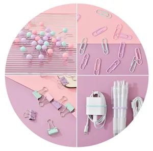 Set de papelería color macaron con chinchetas clips carpetas y bolígrafos lindos.
