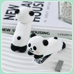 Cute panda stapler detail shot, desktop stationery set with soft silicone animal design.