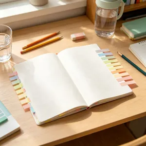 Colorful index sticky tabs detail view on grid notebook for office study desk decoration.
