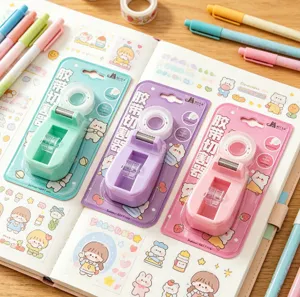 Cute macaron color tape dispenser set detail, portable desktop stationery holder for office study.