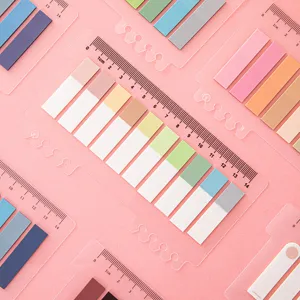 Transparent index sticky notes with ruler scale, colorful page markers for office and study.