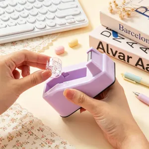 Cute Macaron Plastic Tape Dispenser Set With Sharp Metal Cutter Desktop Adhesive Tape Holder For Office School Journal Supplies