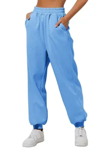 Pantaloni tuta larghi vita alta donna jogger blu casual con tasche vista dettagliata