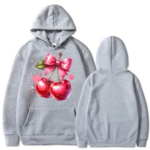 Unisex Casual Polyester Fleece Pullover Hoodie Bedruckt Kirsche Schleife Langarm Locker Sweatshirt Mit Kängurutasche Top