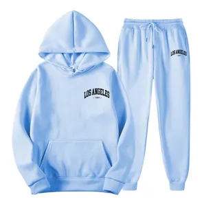 Light blue two-piece tracksuit featuring a comfortable hoodie and sweatpants with letter print.