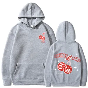 Sweat à capuche gris unisexe tendance avec imprimé graphique cerise bombe et manches longues.