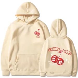 Sweat à capuche beige décontracté homme femme imprimé cerise streetwear manches