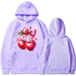 Lavendelvioletter Langarm-Kapuzenpullover mit süßem Kirsch-Schleifen-Print für Alltag.