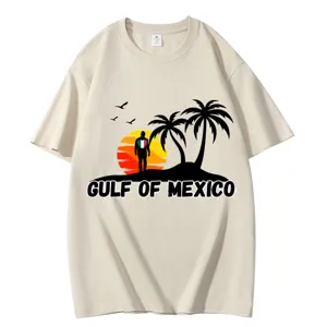 Beige cotton crew neck short sleeve t-shirt featuring a gulf of mexico sunset print.