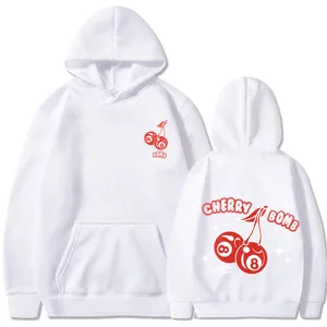 Sweat à capuche blanc unisexe à manches longues avec un design graphique cerise tendance au quotidien.