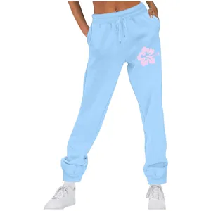 Pantaloni della Tuta Donna Azzurri a Vita Alta Sportivi con Coulisse Tasche e Stampa Floreale