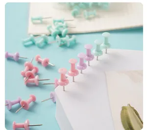 Bunte Macaron Pinnnadeln Detailansicht, süße pastellfarbene Daumennägel für Büro und Pinnwand.