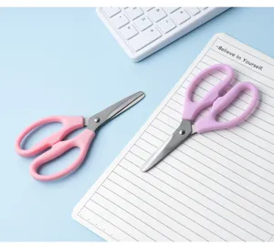Detailed shot of pastel pink student safety scissors displayed on a lined notebook.