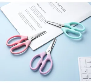 Stainless steel safety scissors with rounded tip, pastel handles for office and school use.