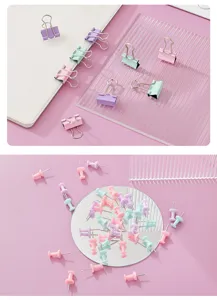 Pastelkleurige binderclips en duimspijkers kantoorbriefpapier detail set voor op school.